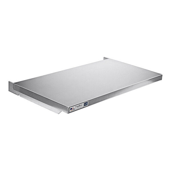 A rectangular stainless steel New Age Cantilever shelf.