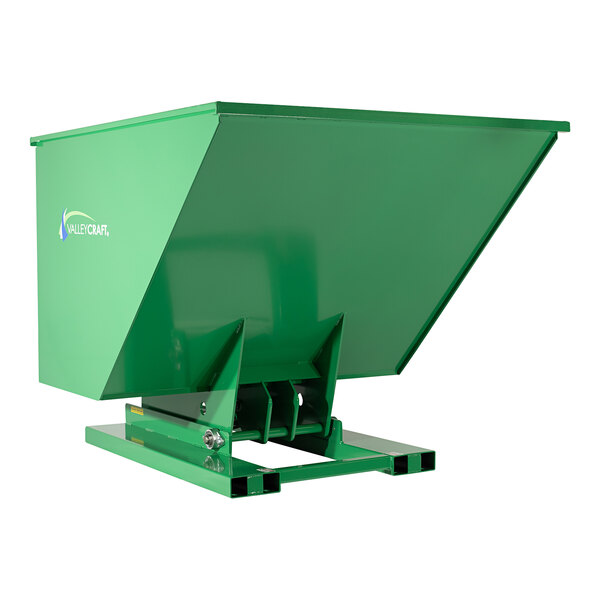 A green Valley Craft self-dumping steel hopper.