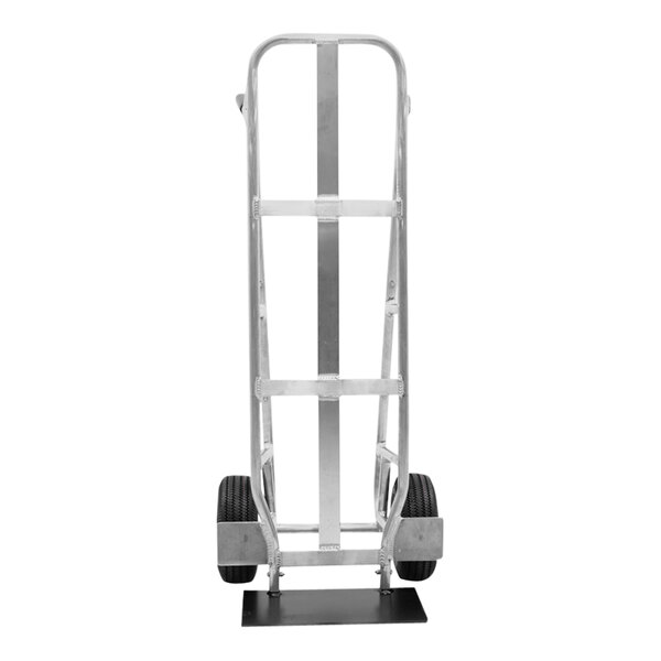 A silver hand truck with black wheels.