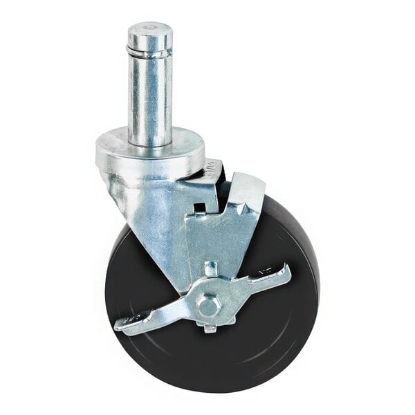 A black New Age swivel stem caster with a metal wheel and metal brake.