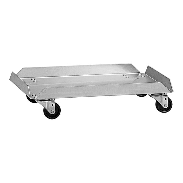 A silver metal New Age aluminum lug storage dolly with black wheels.