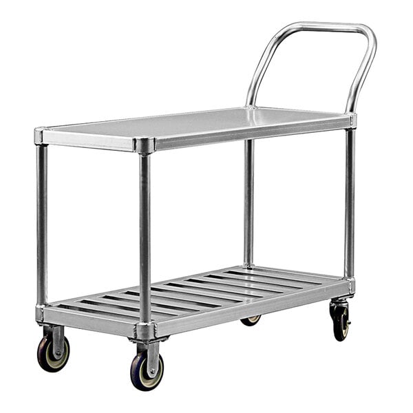 A New Age aluminum utility cart with a solid and T-bar shelf and a handle.