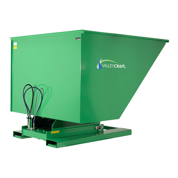 A green Valley Craft self-dumping steel hopper with a white background.