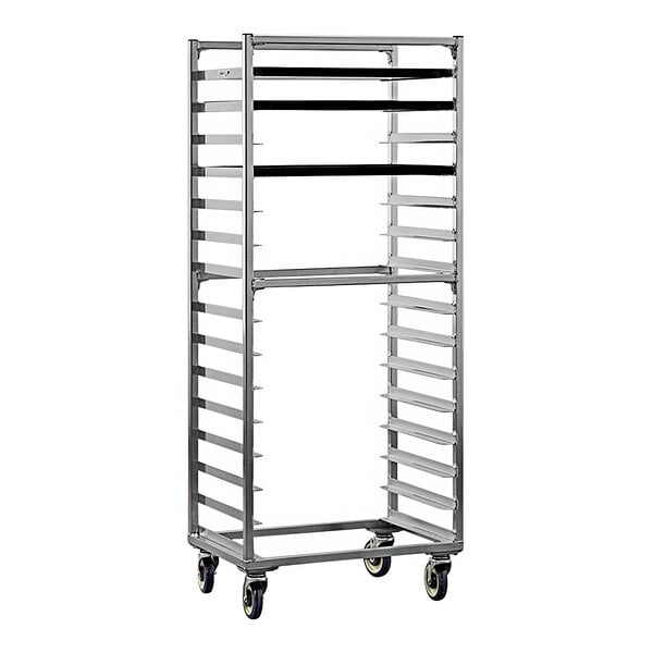 A New Age heavy-duty aluminum sheet pan rack with shelves and wheels.