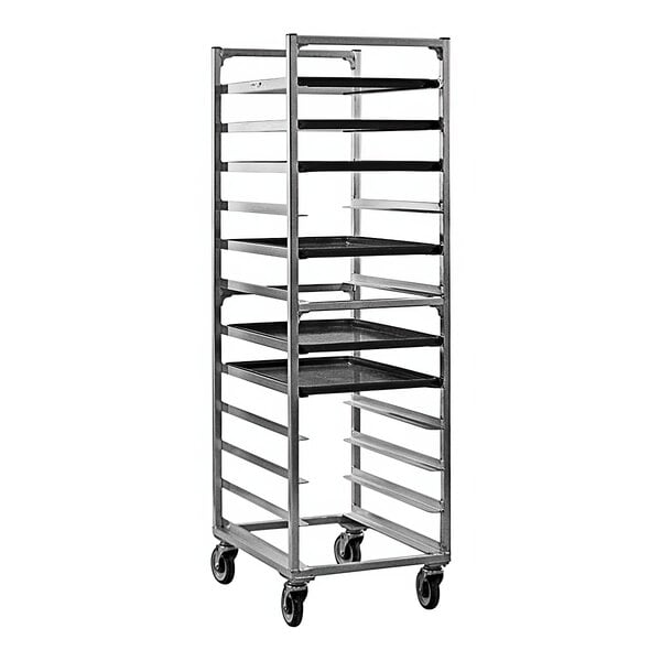 A New Age metal sheet pan rack with trays.