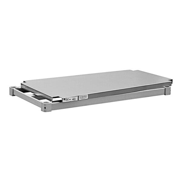 A grey rectangular metal shelf with a white background.