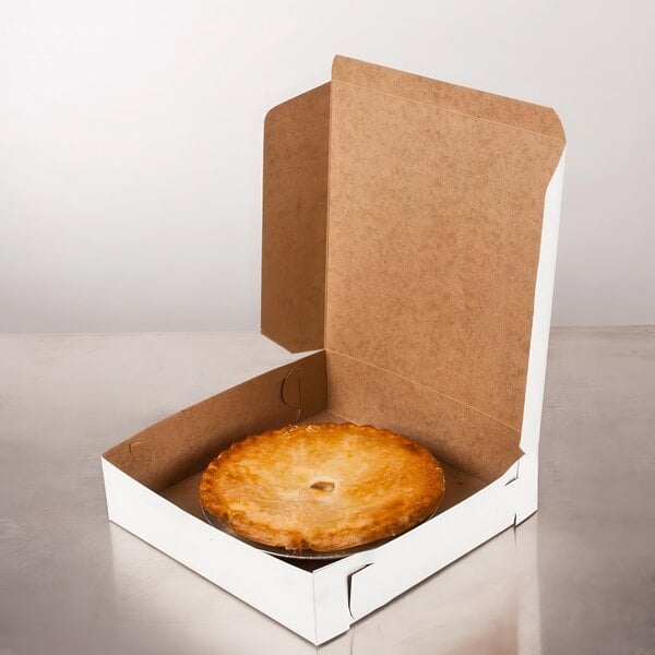 A pie in a white customizable cardboard box.