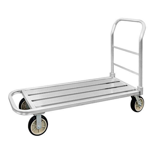 A silver metal U-shaped platform truck with black wheels.