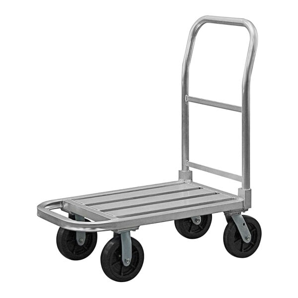 A silver metal cart with black wheels.