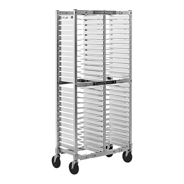 A New Age aluminum pizza pan rack on wheels.