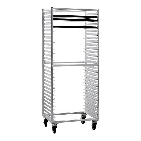 A white metal New Age sheet pan rack with four shelves on wheels.