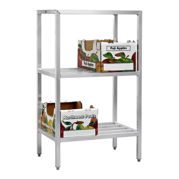 A New Age heavy-duty aluminum shelving unit with boxes on it.