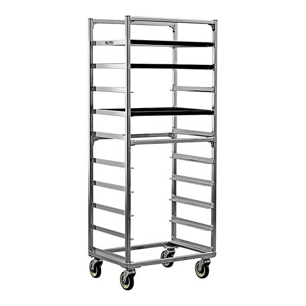 A New Age heavy-duty aluminum sheet pan rack with black shelves.
