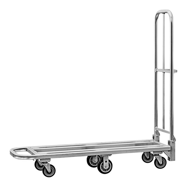 A silver metal platform truck with black wheels.