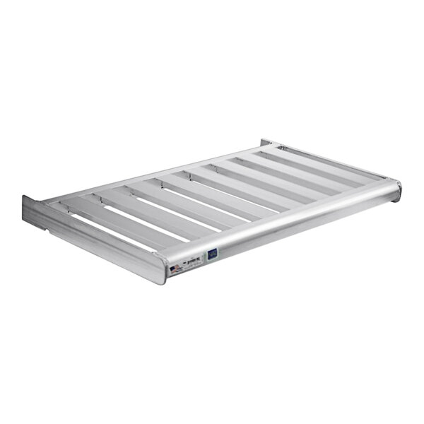 A stainless steel New Age T-Bar cantilever shelf with slats.