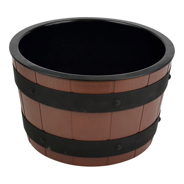 A Dalebrook wooden barrel display bowl with black trim.