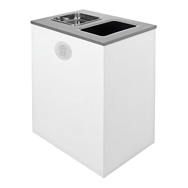 A white rectangular Busch Systems decorative waste receptacle with a black top.