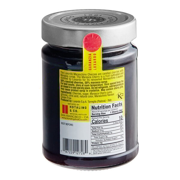 A Luxardo Original Maraschino Cherries jar with a label.