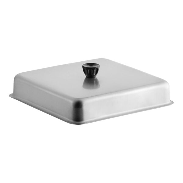 A silver square aluminum basting cover with a black handle.