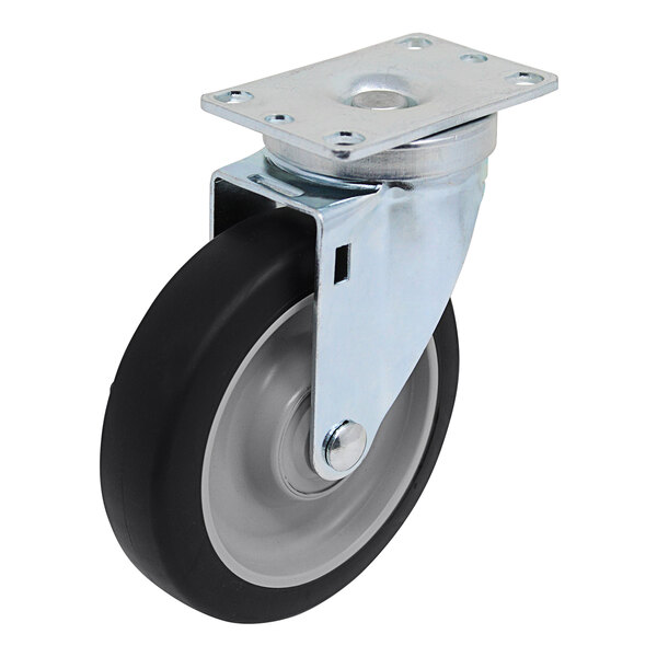 A metal swivel plate caster with a black and silver wheel.