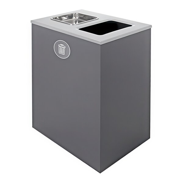 A rectangular grey steel waste receptacle with a silver top.