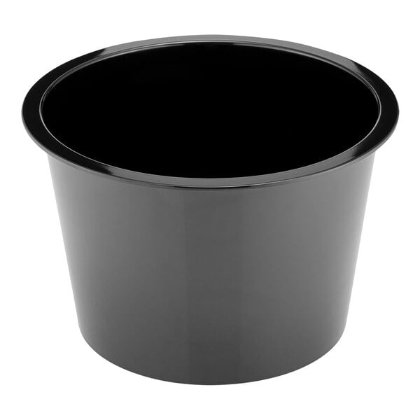 A black melamine barrel display bowl insert with a black rim.