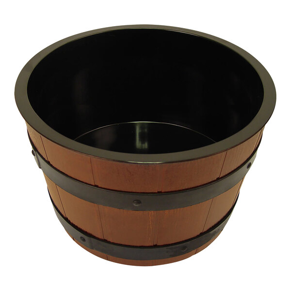 A brown wooden barrel with black rims.
