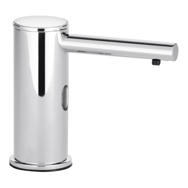A silver Bobrick automatic multi-feed liquid soap pump on a white background next to a chrome bathroom faucet with a button.