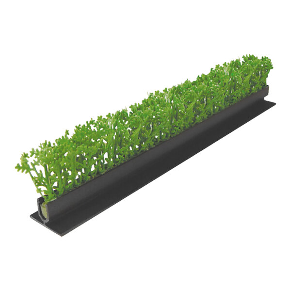 A long rectangular black melamine divider with artificial green cypress plants.