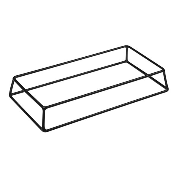 A black rectangular display riser with black metal legs.