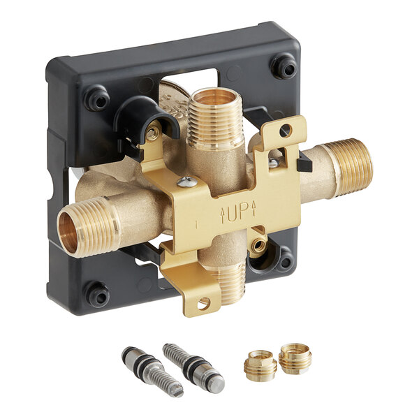 A close up of the brass fittings on a Delta Faucet MultiChoice Universal Tub/Shower Valve Body.