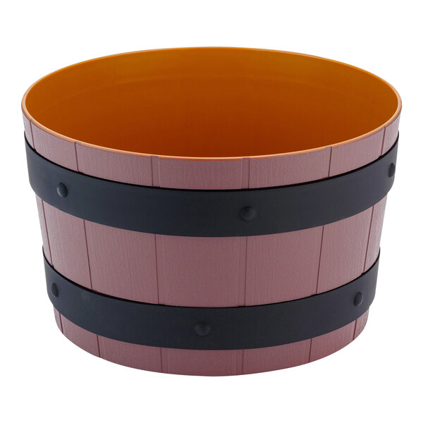 A brown barrel with black and orange bands.
