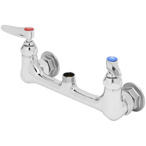 A T&S chrome faucet base with two blue Eterna cartridge handles.