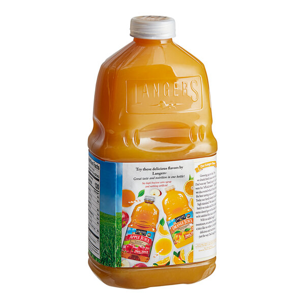 A close up of a bottle of pineapple juice with a Langers label.