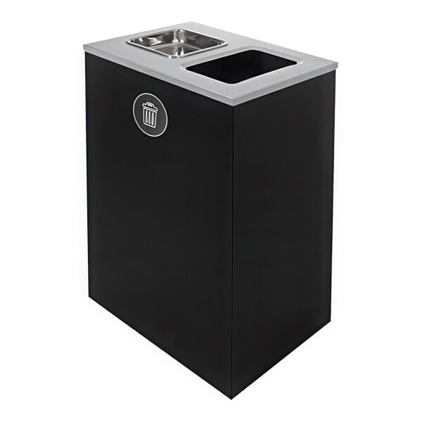 A black rectangular Busch Systems decorative waste receptacle with a silver lid.