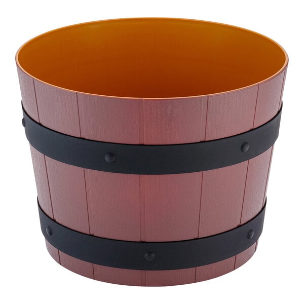 An ABS plastic barrel display bowl with black straps.