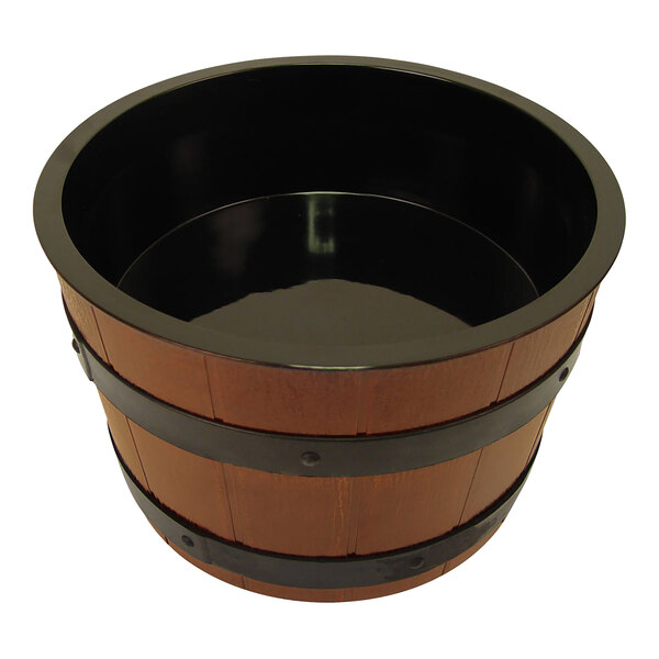 A brown and black ABS plastic barrel with a black rim and white melamine insert.