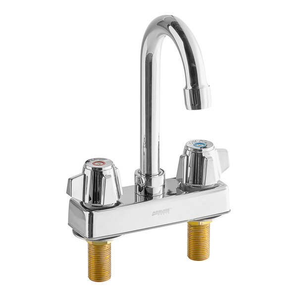A silver and chrome deck-mount faucet with two handles and a swivel gooseneck spout.