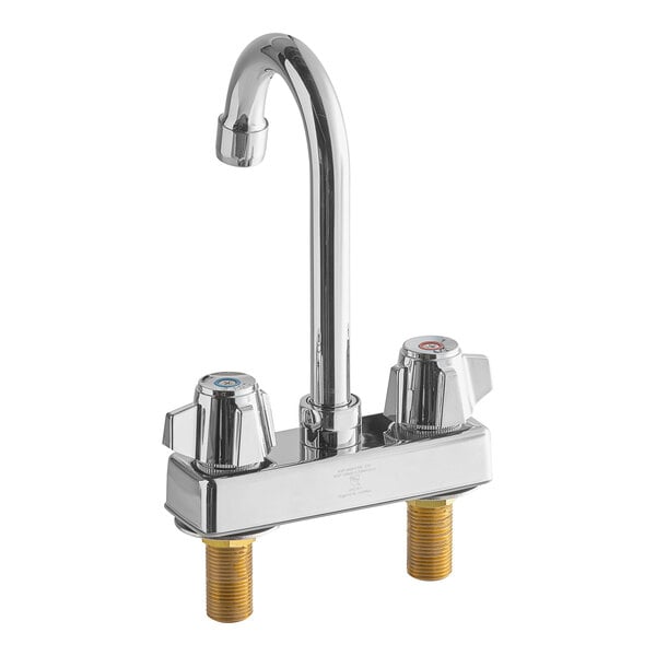 A chrome deck-mount faucet with two handles and a swivel gooseneck spout.