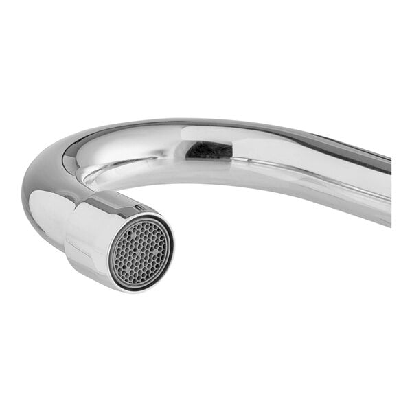 A close-up of a chrome deck-mount faucet with a swivel gooseneck spout.