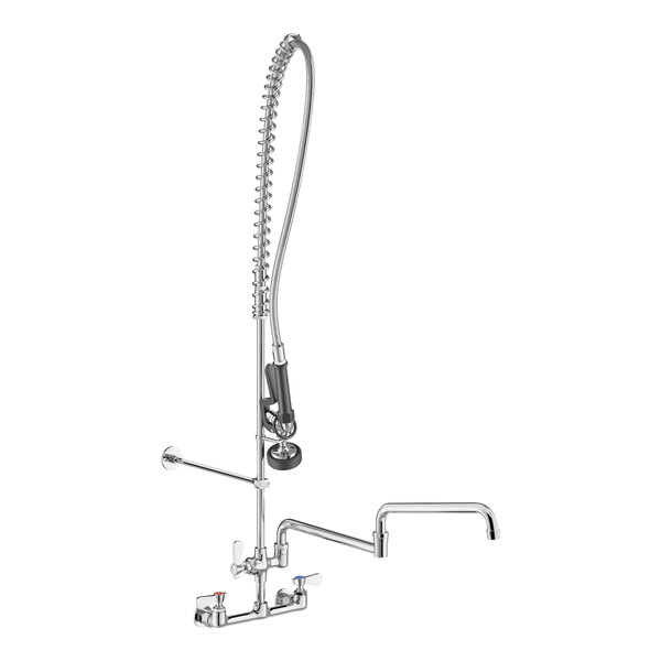 A Regency wall-mounted pre-rinse faucet with a double-jointed add-on faucet and hose.