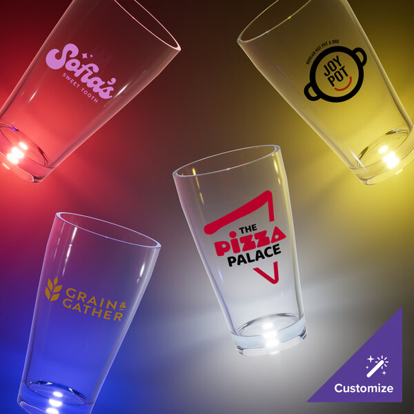 A close-up of a customizable 20 oz. plastic cup with a white LED light inside.