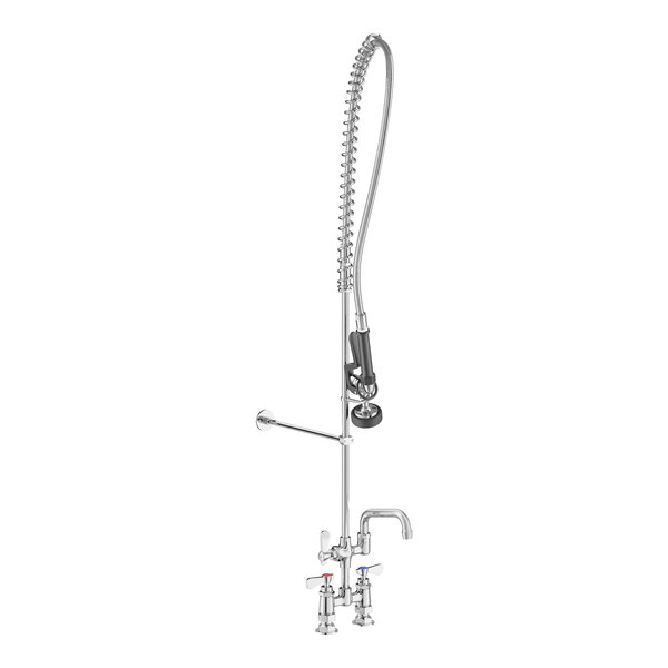 A chrome Regency deck-mounted pre-rinse faucet with a hose.