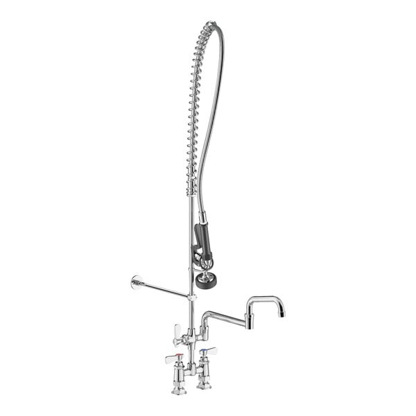 A chrome Regency deck-mounted pre-rinse faucet with a hose attached to it.