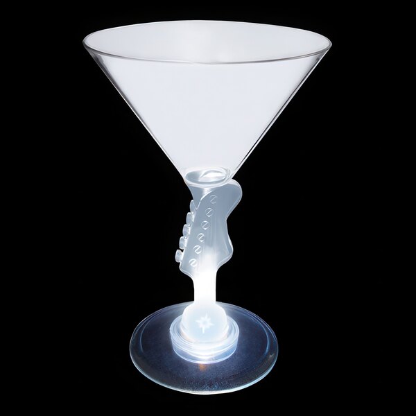 A 7 oz clear plastic martini glass with a guitar stem and a white LED light inside.