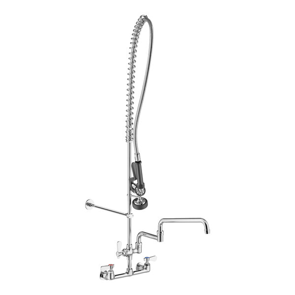 A chrome Regency wall-mounted pre-rinse faucet with a hose.