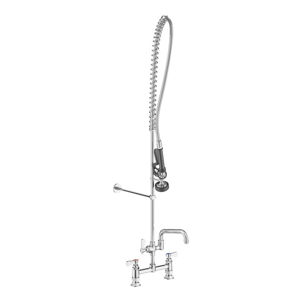 A chrome Regency deck-mounted pre-rinse faucet with a hose.