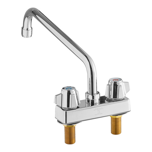 A chrome deck-mount faucet with two handles and a 12" swing spout.