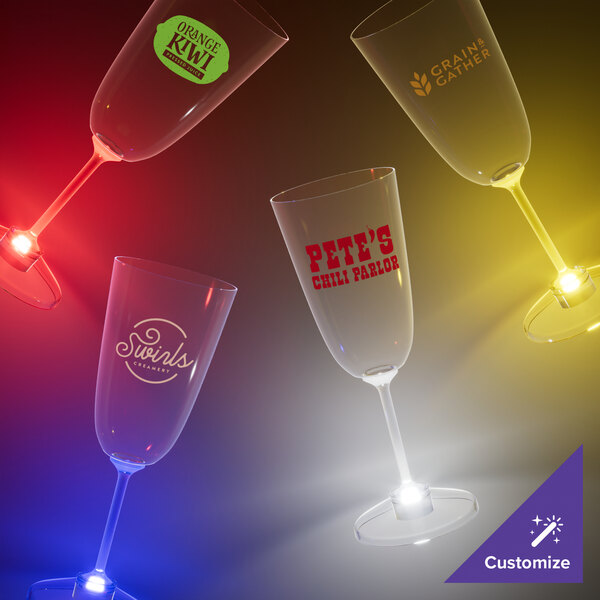 A group of customizable plastic champagne cups with white LED lights.