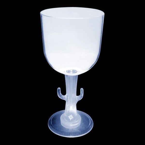 A clear plastic cactus stem goblet with a curved stem and a white LED light.